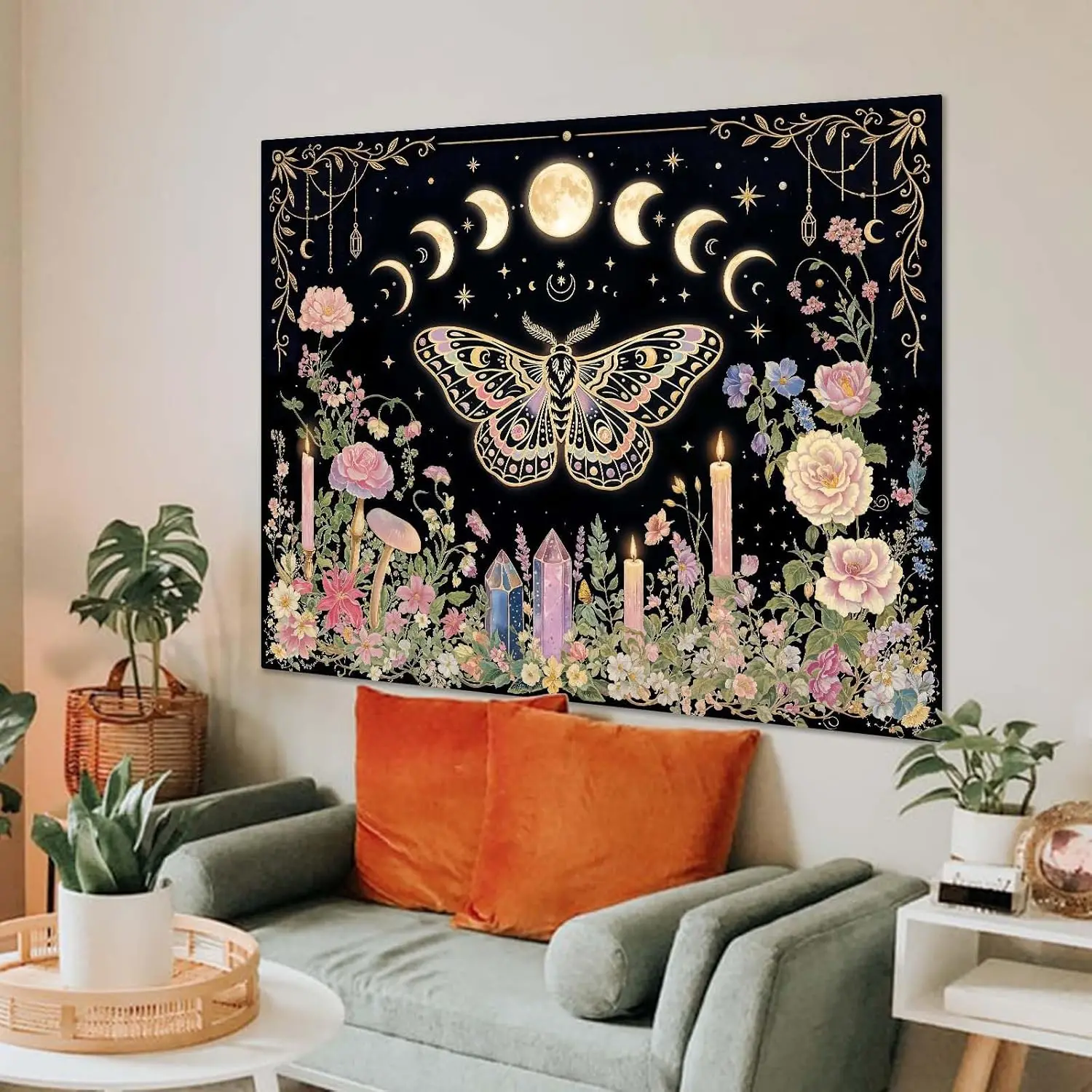 Butterfly Tapestry Wall Hanging Moon Phases Floral Candle Crystal Black and Pink Tapestries for Bedroom Aesthetic Wallpaper view 4