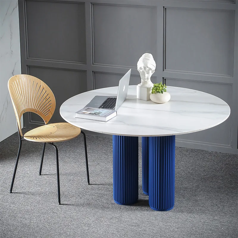 HYS Italian light luxury rock slab round dining table Klein blue three-column pleated base home restaurant small apartment