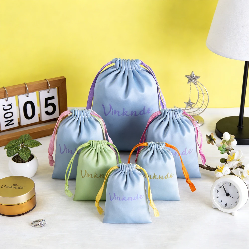 

Custom Logo Blue Satin Pouch 50Pack 8x10cm Wedding Party Gift Packaging Hair Wig Silk Bag Jewelry Perfume Ribbon Drawstring Sack