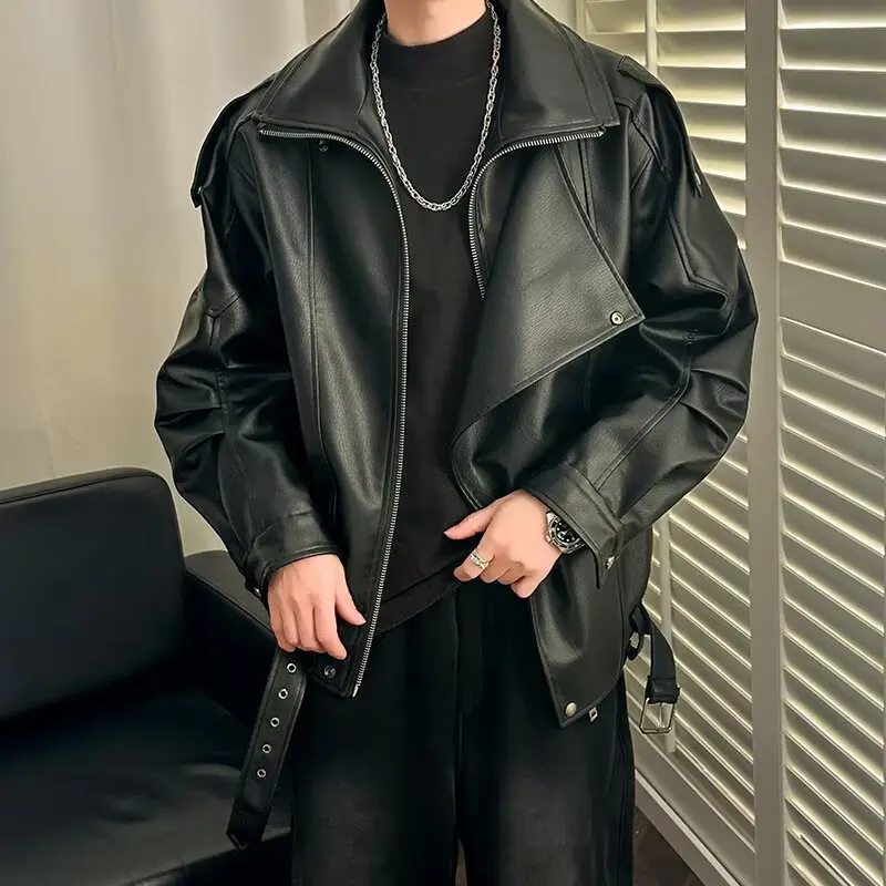 

Мужская осенняя куртка из искусственной кожи с высоким воротником, мотоциклетная куртка на молнии в американском стиле ретро, свободное модное асимметричное пальто с атмосферой
