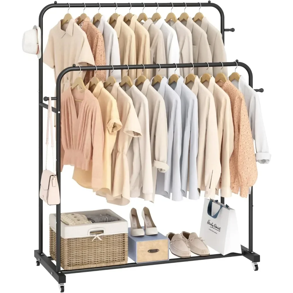 

Double Rods Garment Rack with Wheels, Clothing Rack for Hanging Clothes,4 Hooks, Multi-functional Bedroom Clothes Rack, Black