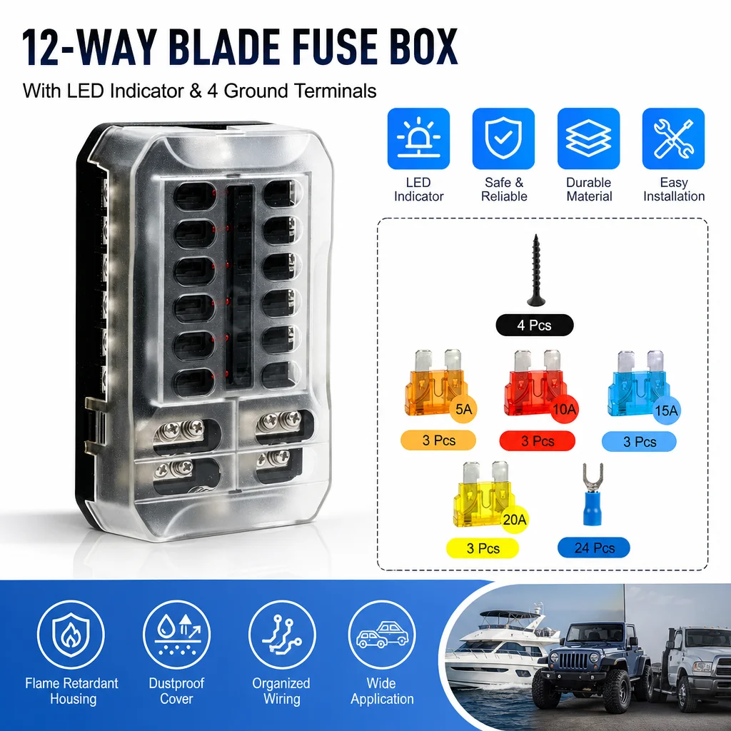 12V 100A 6/12 Ways Fuse Box With Blade Fuse Holder Block LED Warning Indicator for Power Panel Board Camper RV Car Accessories