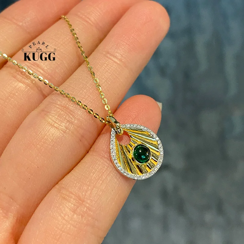 

KUGG 100% 18K Yellow Gold Necklace Elegant Style Shiny Diamond Natural Emerald Pendant Necklace for Women Anniversary Gift