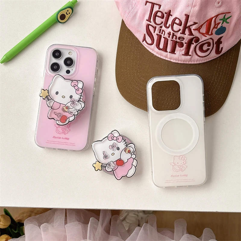 

Sanrio Cute WavePoin Kitty Magsafe Wireless Charge Case For iPhone 15 16 Pro Max Cartoon Pink 3D Love Heart Kitty Magnetic Stand