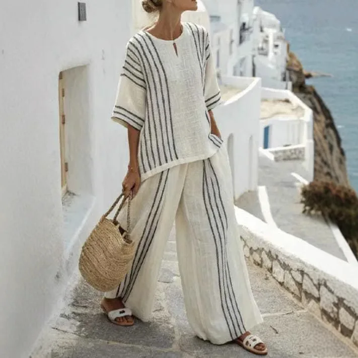 

2025 льняной хлопковый топ с круглым вырезом в полоску и короткими рукавами, повседневные брюки, детский комплект из 2 предметов, женская одежда в европейском и американском стиле