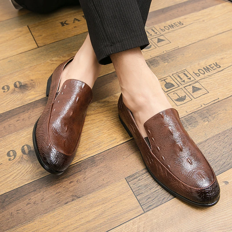 Retro Style Men Dress Shoes Wedding Black Brown Loafers Round Toe Slip-On Spring Autumn Shoes Men Zapatos De Vestir Hombre