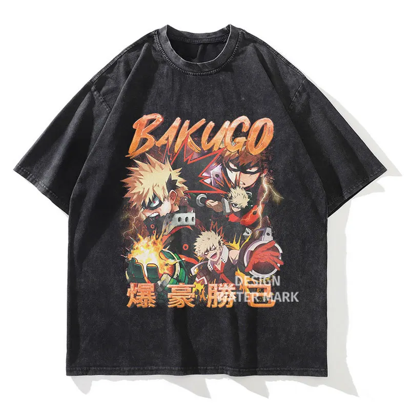 

Anime My HeroT Shirt Vintage Washed Todoroki Bakugou Izuku Himiko T-shirts Streetwear Manga Tops Tees Men Girl Cotton