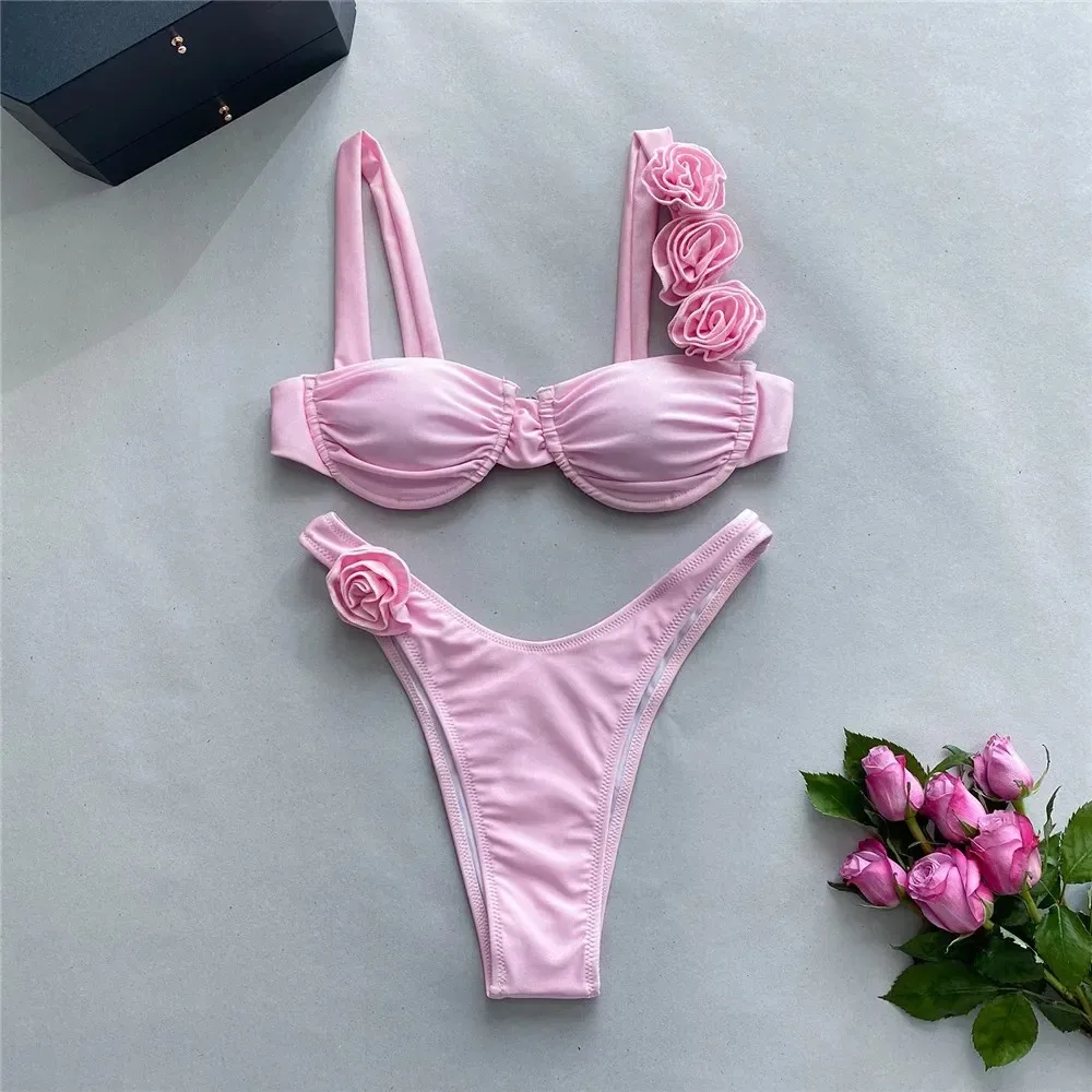 

Sexy Flower Shiny Pink Push Up Bikini 2024 Women Swimwear Underwired Swimsuit High Cut Bathing Suit Wrinkled Bikinis Set Biquini