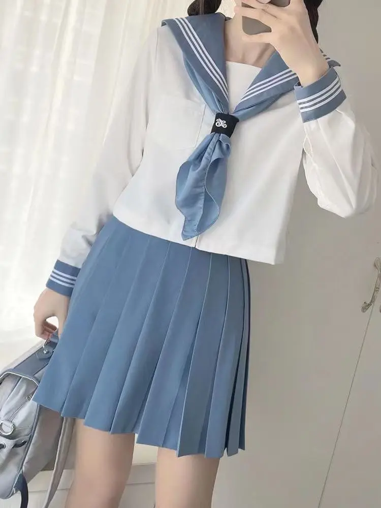 Uniforme JK blu Uniformi scolastiche giapponesi a maniche lunghe estive Set da marinaio per ragazze Gonna a pieghe Costume uniforme JK