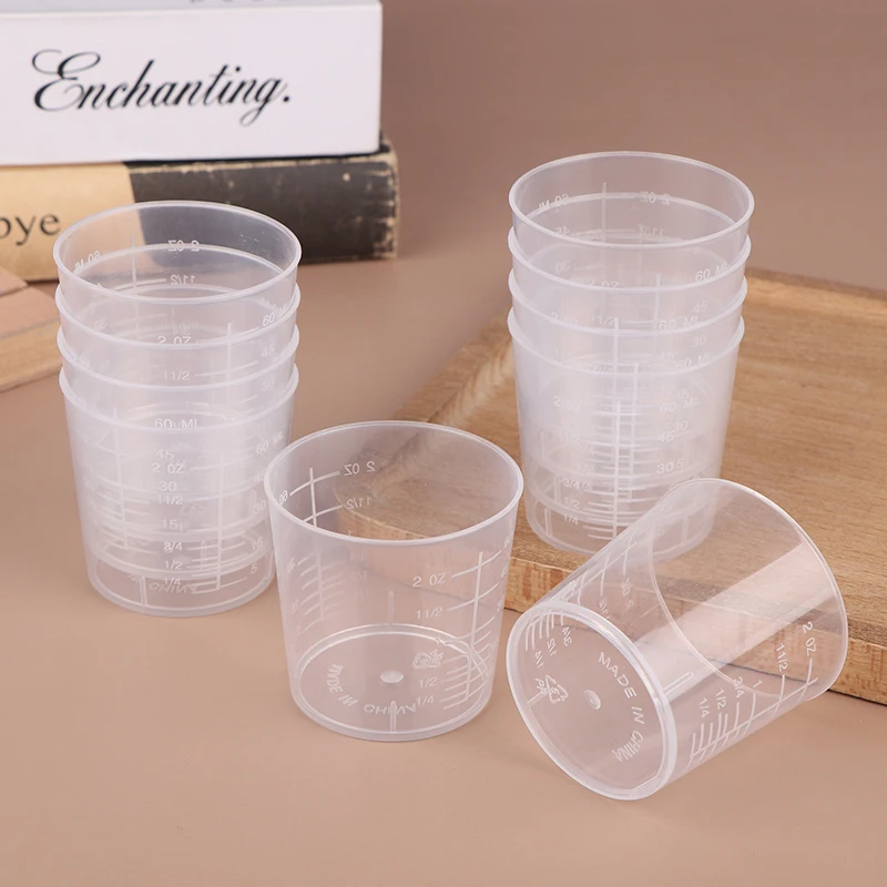 NEW 60ml Clear Plastic Measuring Cups 10Pcs with Graduated Mark ml oz Scale Pour Spout for Lab Chemistry Medicine Kitchen Baking