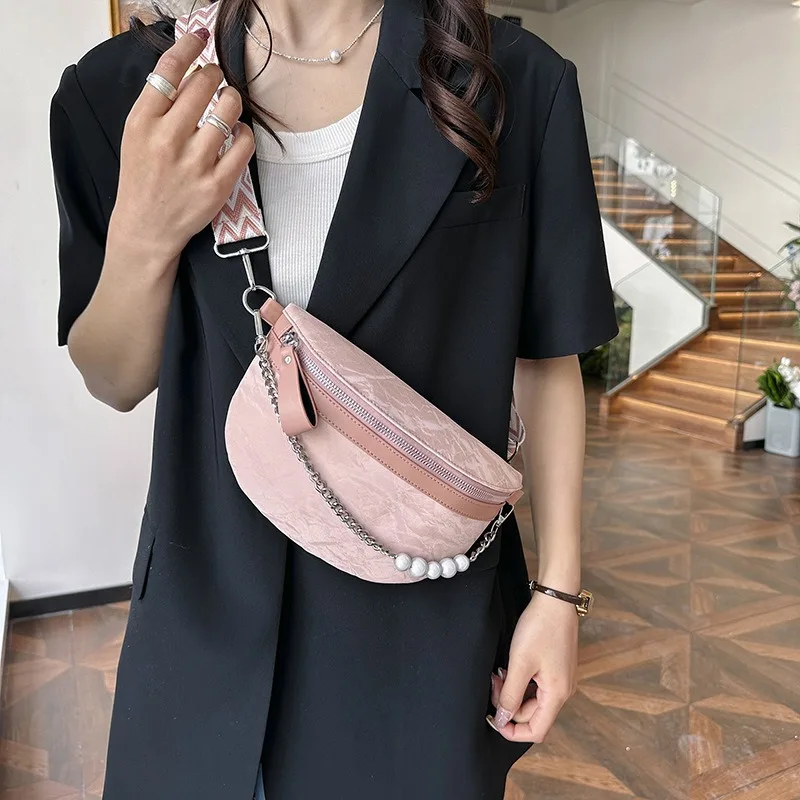 Luxury Beading Chain Waist bag For Women Elegant Solid Colour PU Leather Fanny Pack Ladies Waist Pack Female Crossbody Chest Bag