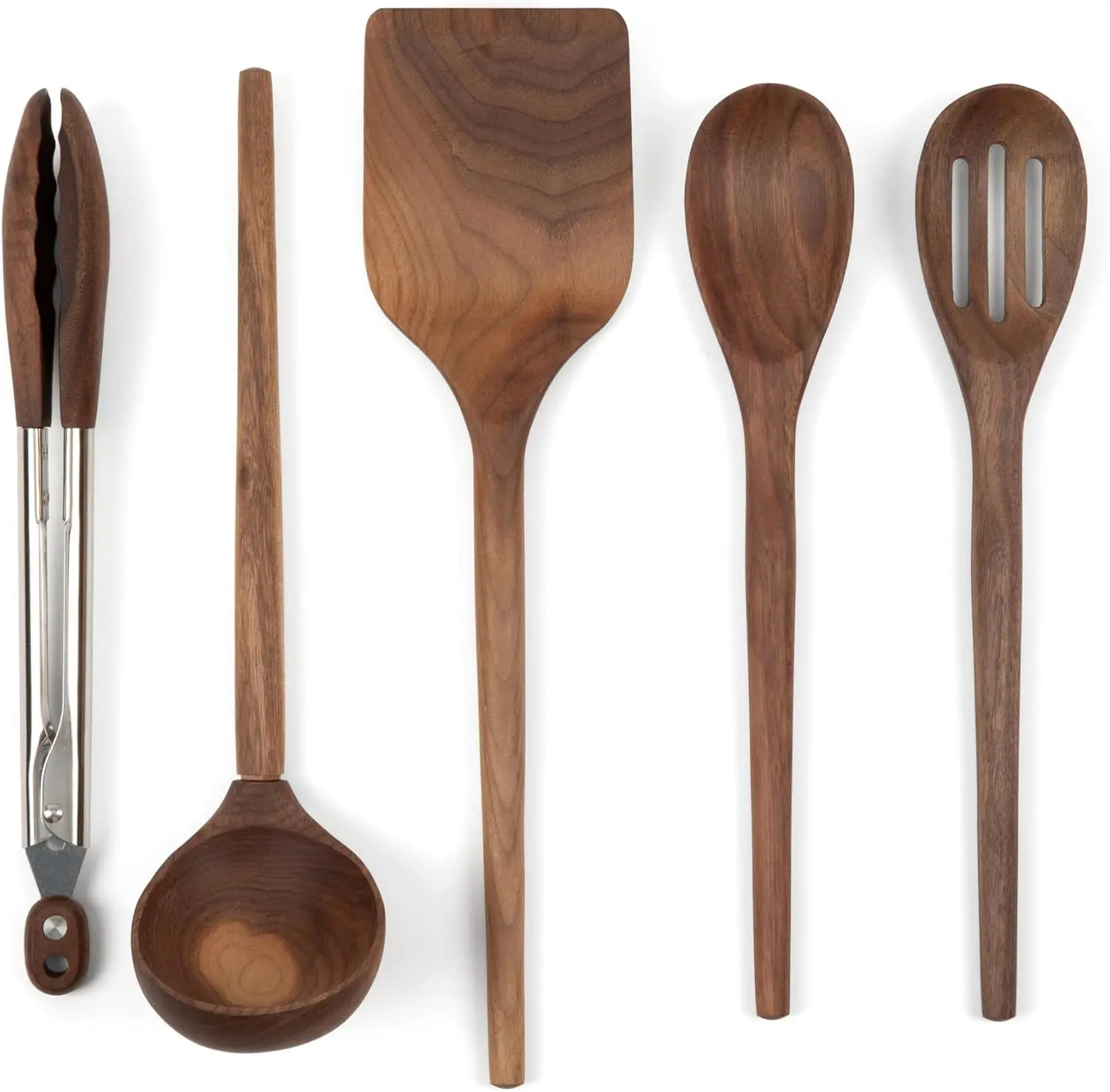 Juego de utensilios de cocina de madera de nogal de 5 piezas - Espátula, pinzas, cuchara ranurada, cuchara para sopas y cuchara - Seguro para utensilios de cocina antiadherentes