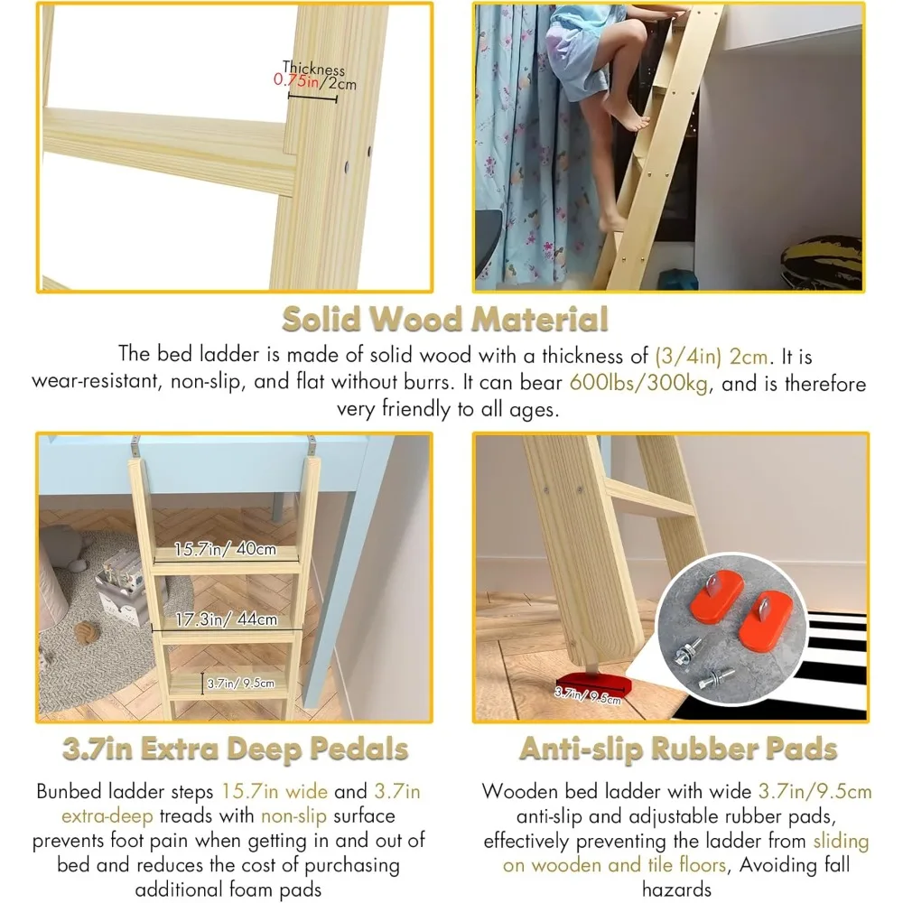 Czarna drewniana drabinka do łóżka piętrowego z bardzo szerokimi stopniami 10 cm, antypoślizgowe podkładki, do łóżka na pięterzu, akademika, kampera, kampera osobowego, łóżka kempingowego, zamiennik, 60 cali