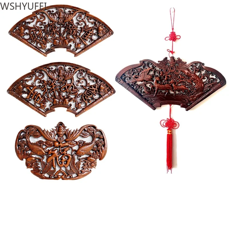 Solid Wood Carving/hollow Out/Chinese Antique Decoration Painting/lucky Pendant/Chinese Knot/fan-shaped Room Wall Decoration