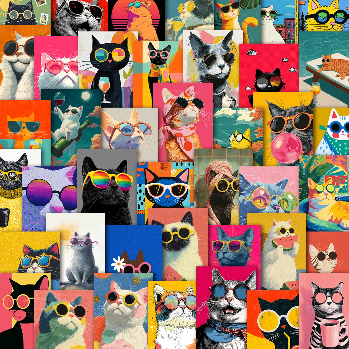 49pcs Pop Art Cool Cat Stickers | Sunglasses Cat Decals for Laptop, Skateboard & Phone Case, Cat Fans & Gift Givers