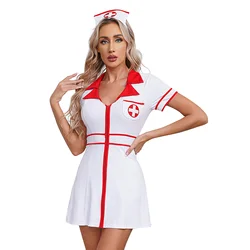 Womens Nurse Uniform Dress Hat 2Pcs Halloween Christmas Cosplay Costumes Short Sleeve Front Zipper Cross Patch Dress+Headwear