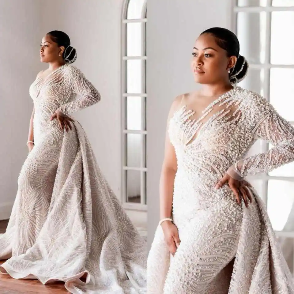 Chic Mermaid Wedding Dress Long Sleeve Pearl Beaded Detachable Train Bridal Gown For Grand Reception Nuptial Occasion Customized