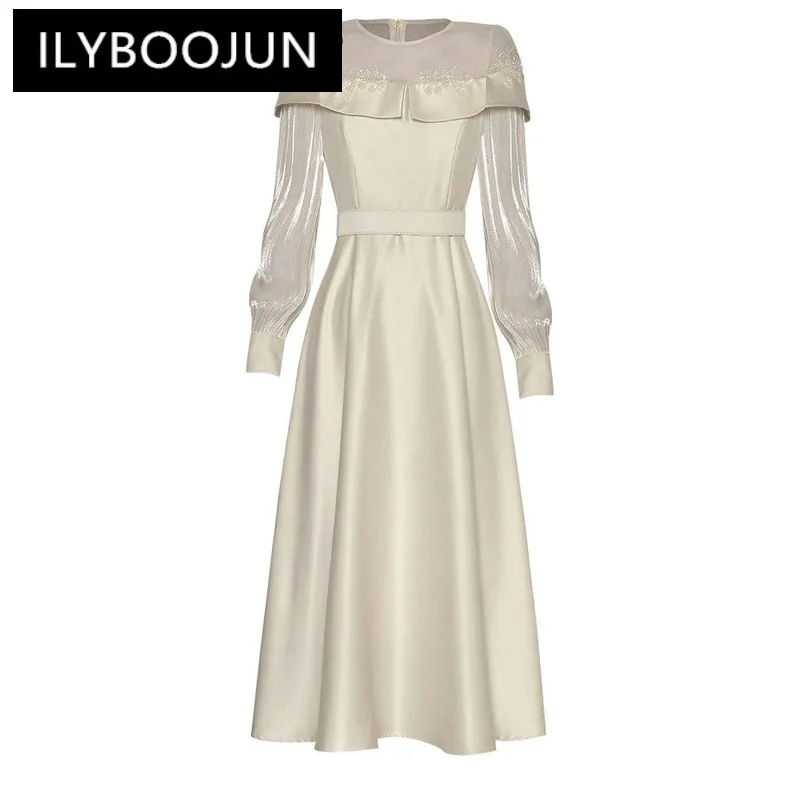 

ILYBOOJUN 2024 Fashion Runway Summer Dress Women Mesh O Neck Flowers Beading Lantern Sleeve Solid Color Princess Midi Dress