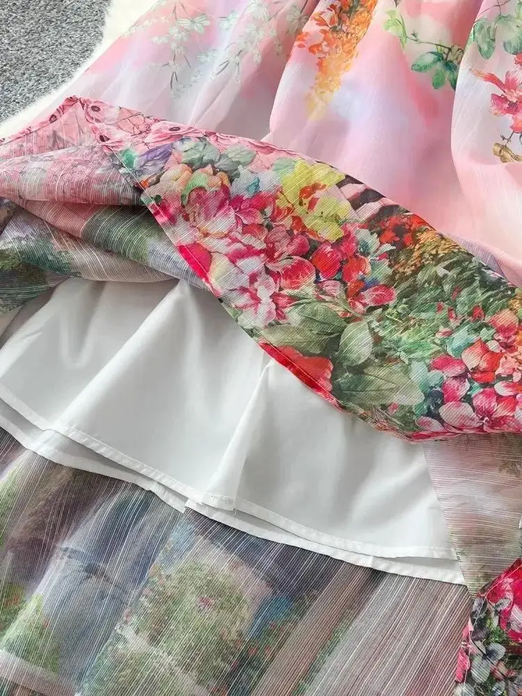 Spring Autumn Gorgeous Flower 2 Pieces Sets Women's Gradient Shirt Top + Elastic Waist Long Skirts Suit Holiday Organza Outfits