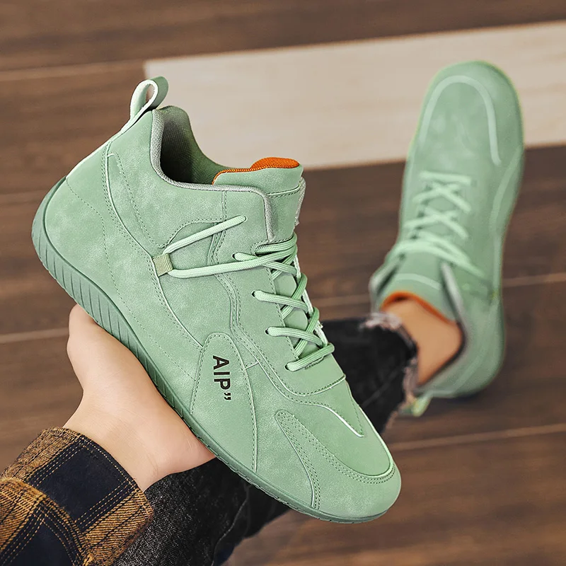 

Loafers men's casual sports shoes green leather high top lace up training shoes retro fashion running shoes 2025 trend sale