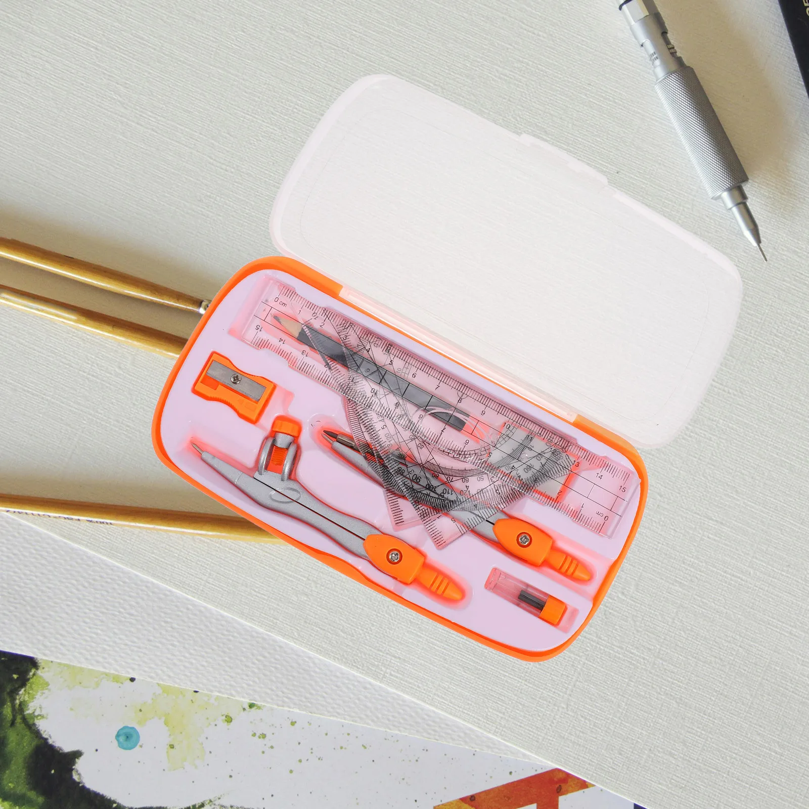 1Set Geometry Set for Students Rulers Protractor Compass Eraser Pencil Sharpener Precise Drawing Tools Versatile Applications