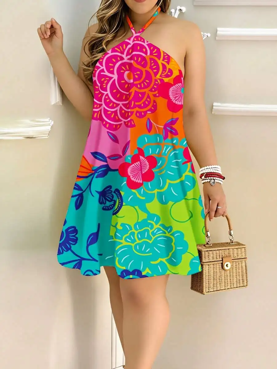 

Colorful Floral Print Halter Neck Mini Dress Women Summer Beach Casual Swing Dress