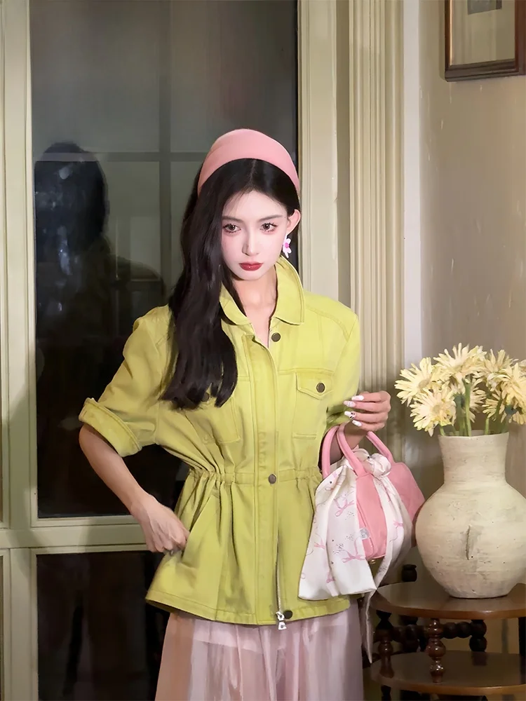 

PITAO Original Summer Vintage High Waist Shorts Outfit Spicy Girl Slimming Effect Lemonade Print Cotton Button up Set