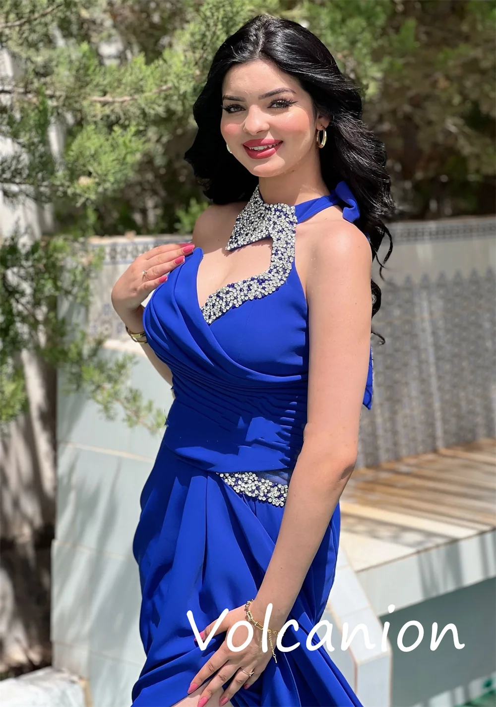 Customized Fashion Sparkle Jersey Sequined Pleat Trumpet Halter Long Dresses Bespoke Occasion Exquisite