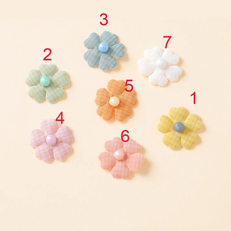 50Pcs 1.3CM Small Five Petal Flower With Bead Padded Appliques For Clothes Hat Sewing DIY Headwear Hair Clip Bow Patches