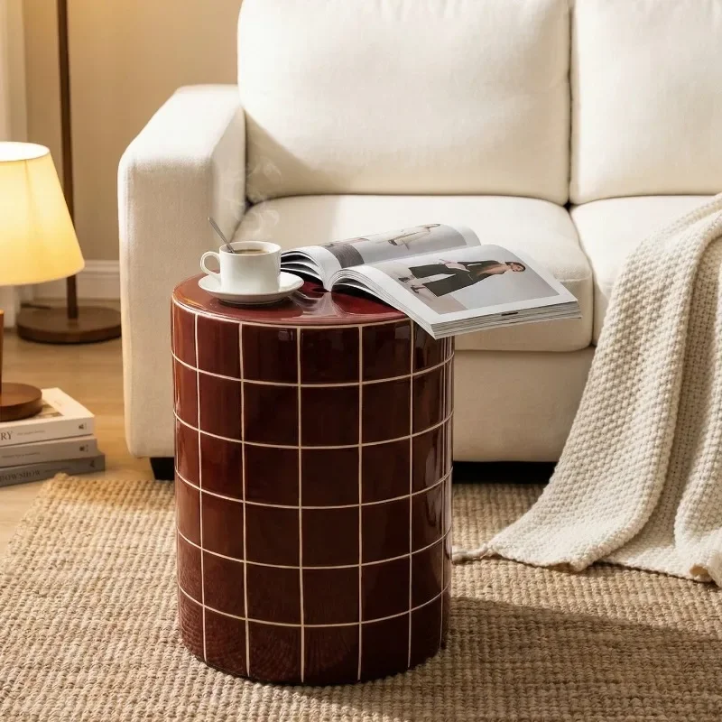 Vintage burgundy plaid glaze ceramic round drum stool hollow breathable top indoor sofa side table shoe change accent