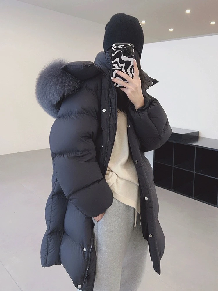 New 2024 Winter Women Long Puffer Jacket Fox Big Fur Collar Thick Warm Hooded Parka White Duck Down Loose Casual Long Down Coats