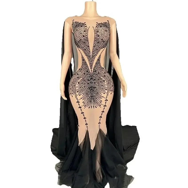 Women Singer Party Dress Sexy Mesh Rhinestones Celebrate Dress Wedding Gown Stage Catwalk Outfit Costume