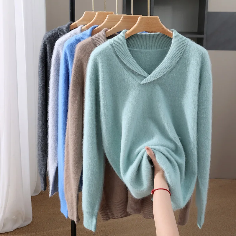 Fall/Winter 2025 New Mink Cashmere Men's Green Collar Solid Color Sweater Pullover Casual Wool Knitted Bottom Shirt