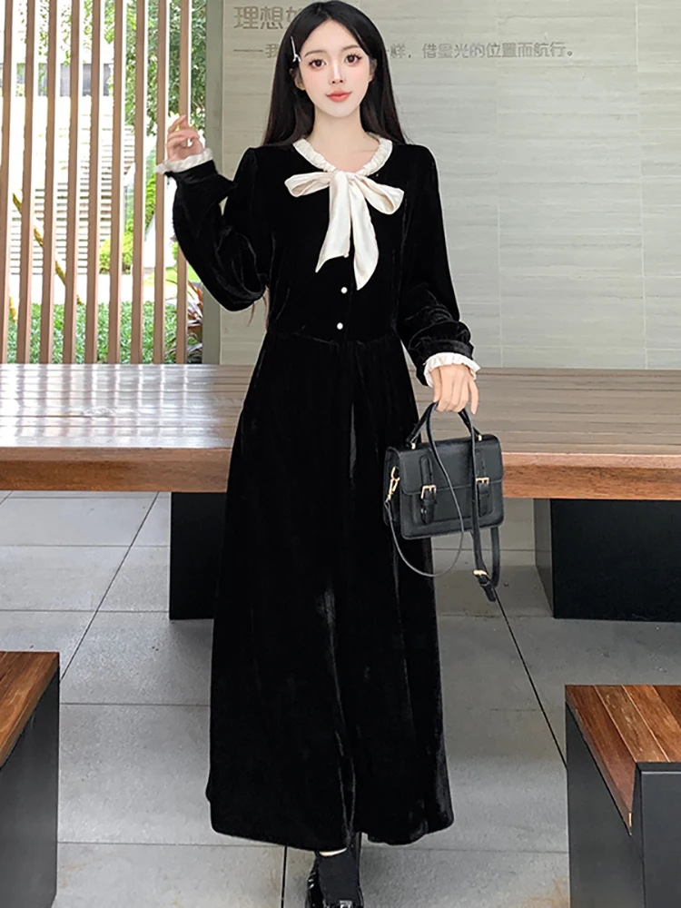 2024 Black Velvet Long Sleeve Chic Bow Collar Long Dress Korean Vintage Hepburn Women\'s Dress Gown Autumn Winter Elegant Dresses