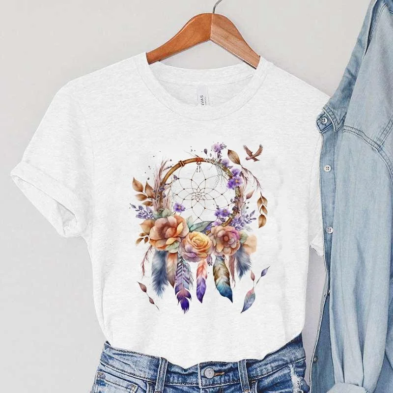 

New Dreamcatcher Print T Shirt Casual Short Sleeve T-shirt Women Fashion Wind Chimes Graphic Print Tops Tees
