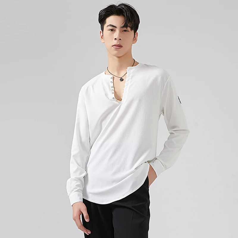 Adult Male Latin Dance Tops V Neck Long Sleeves T Shirt Men Latin Practice Clothing Rumba Cha Cha Ballroom Dance Clothes BL13066