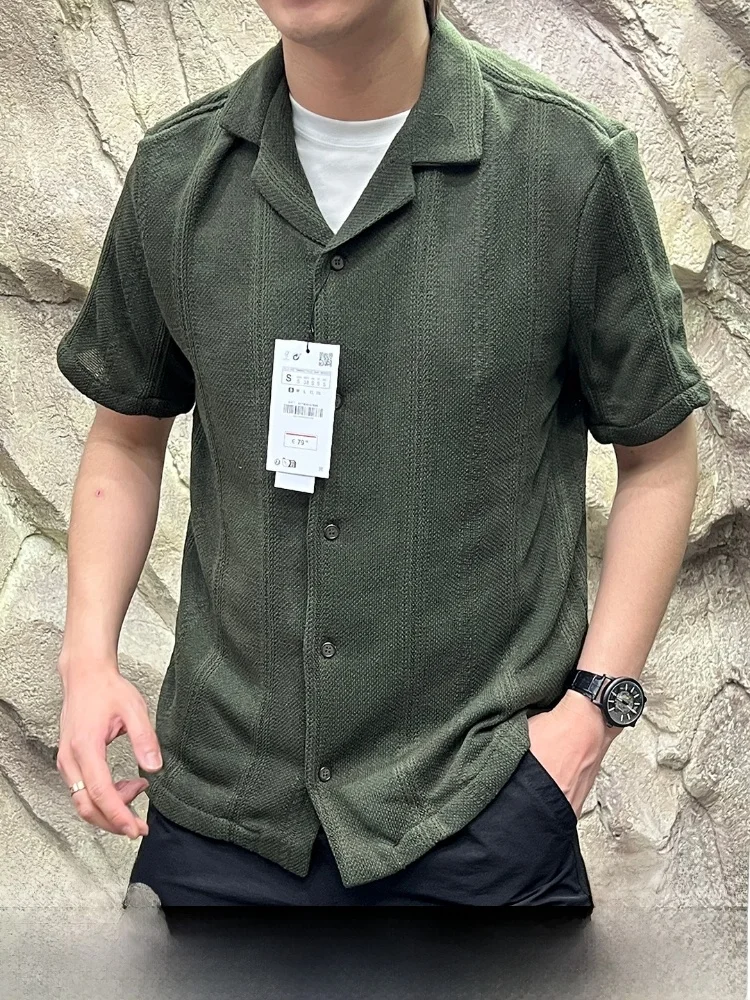 

Summer New Men's Knitted ort Sve irt Line Textured Weave Basket Weave Collar Cuban Collar Loose Fit Thin Model