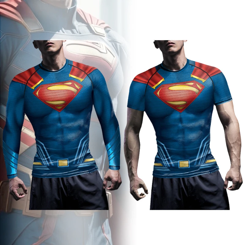Костюм супергероя для косплея, компрессионные рубашки Супермена для мужчин, топы для фитнеса, бодибилдинга, спортивные футболки на открытом воздухе