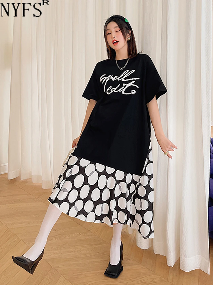 

NYFS 2024 Summer New Korea Patchwork Dot Hem Woman Dress Vestidos Robe Elbise Loose Plus Size Short Sleeve Long Dress