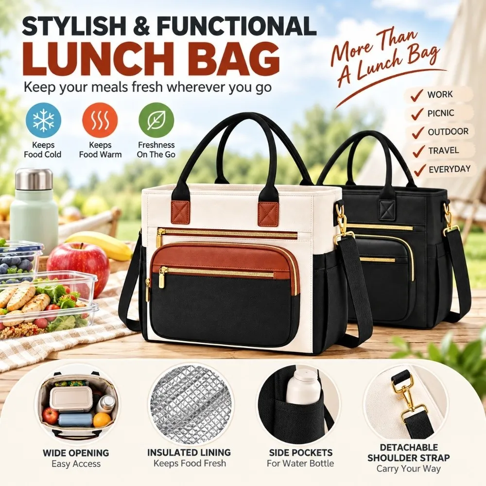 Thermal Insulation Insulated Lunch Bag Leakproof EPE Padding Lunch Cooler PEVA Liner Wide Opening Cooler Tote Office Lunch