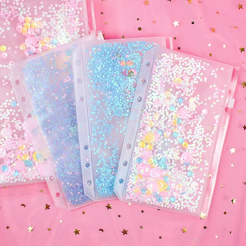 Kawaii błyszczące cekiny Notebook wewnętrzna kieszeń A5 A6 Binder luźny liść torba na zamek błyskawiczny śliczne Journal Planner wewnętrzna pokrowiec