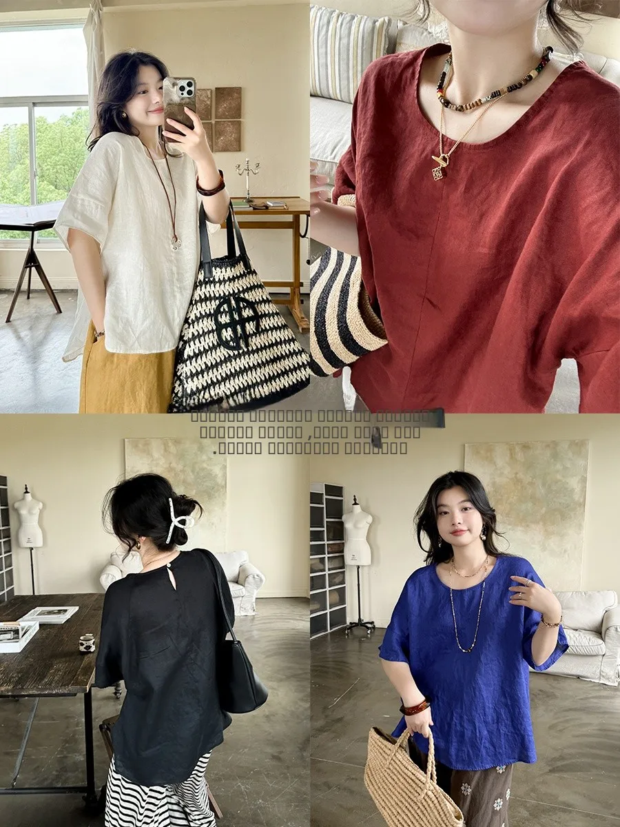 

High-End Pure Linen Artistic Casual round Ne Loose Fit irt ort Sve Color Summer Faion Top for Young Women