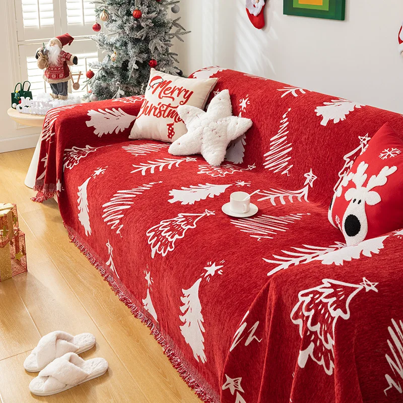 Christmas Sofa Cover Blanket Chenille Holiday Home Living Room Decor Sofa Cover Bed Blankets Red Double-Sided Available Covers