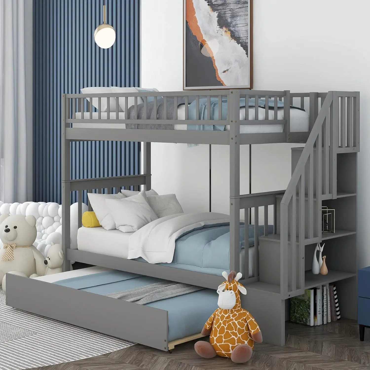 

Bunk Beds Twin Over Twin Size, Solid Wood Bunk Bed With Trundle For Kids And Toddler (Grey Bunk Beds With Trundle)