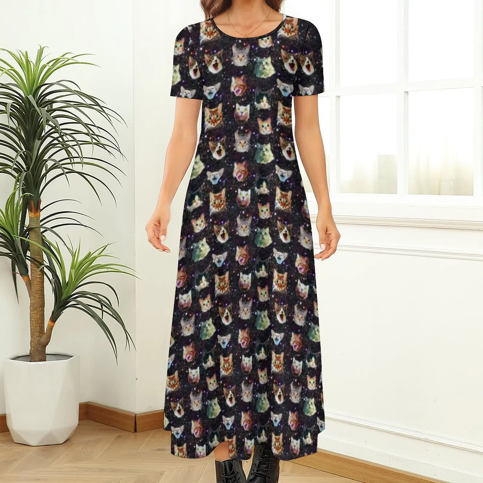 Star Galaxy Print Dress Funny Cat Heads Street Style Bohemia Long Dresses Female Elegant Maxi Dress Large Size