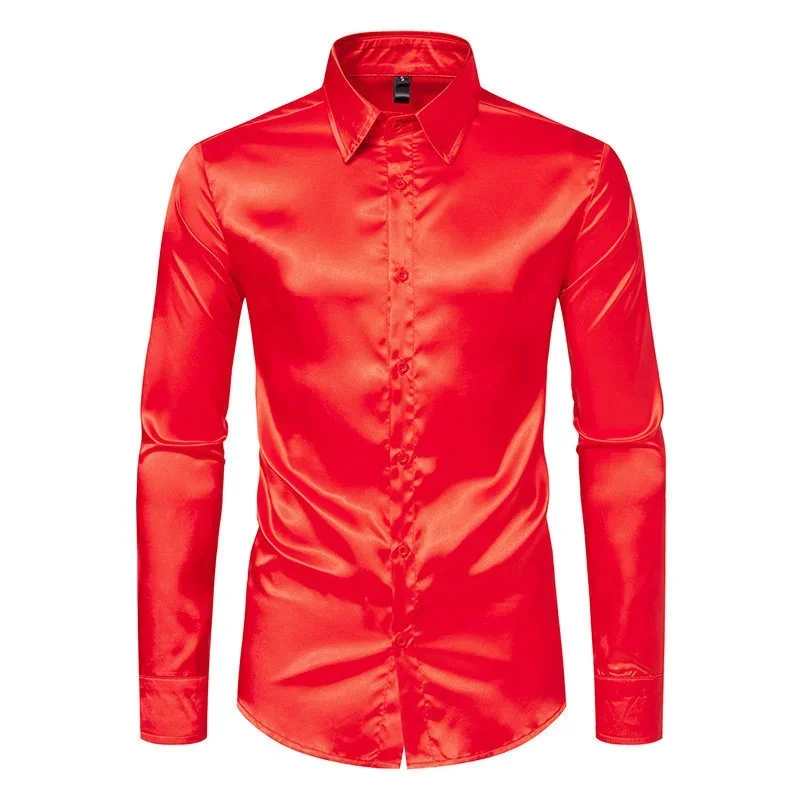 Camicia alla moda in raso da uomo primaverile e autunnale Camicia casual comoda con colletto a maniche lunghe alla moda in tinta unita con viso luminoso
