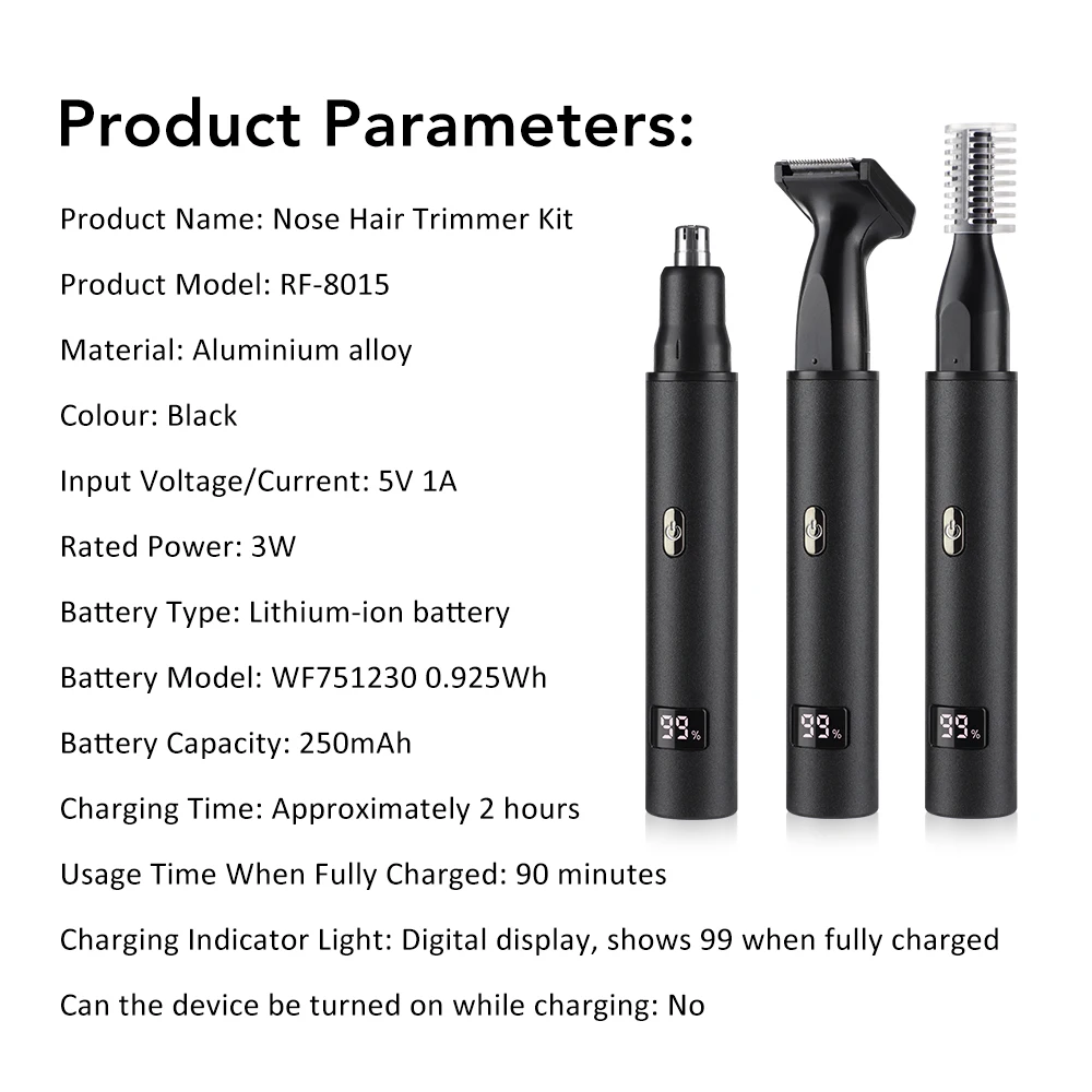 3-in-1 Elektrischer Nasen- und Ohrhaartrimmer für Männer mit LED-Anzeige, Schmerzfreier Trimmer für Koteletten, Augenbrauen und Bart, USB-Aufladbar – Detail 9