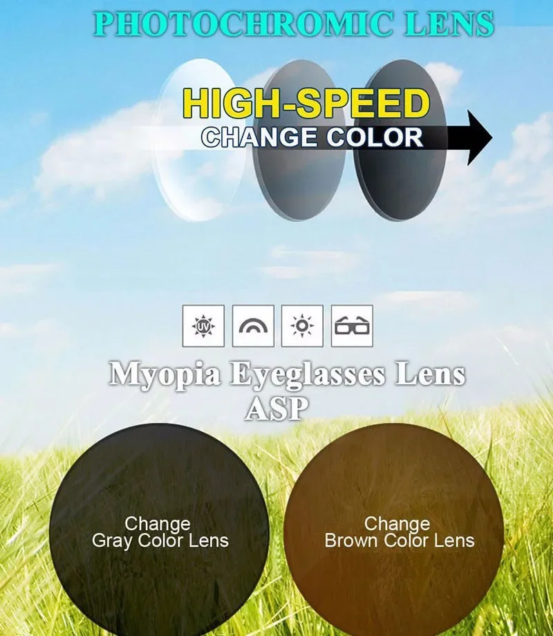 

1.56 1.61 1.67 Photochromic Prescription CR-39 Resin Aspheric Lens Change color under sunshine Myopia Sunglasses Lenes for 2pcs