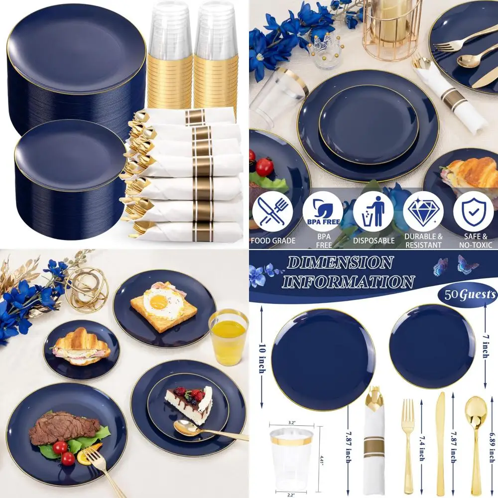 

Heavy Duty Navy Blue Dinnerware Set with 350 Pieces - 100 Plastic Plates, 50 Gold-Plated Napkins for Elegant Dining
