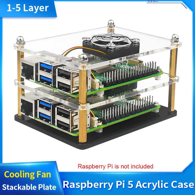 Raspberry Pi 5 Acrylic Case 1-5 Layer Transparent Enclosure PWN Cooling Fan Stackable Plate Shell for Raspberry Pi 5 RPi 5